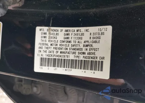 2013 Honda Accord Ex-L V-6 из США, поврежденный, VIN 1HGCR3F84DA006791